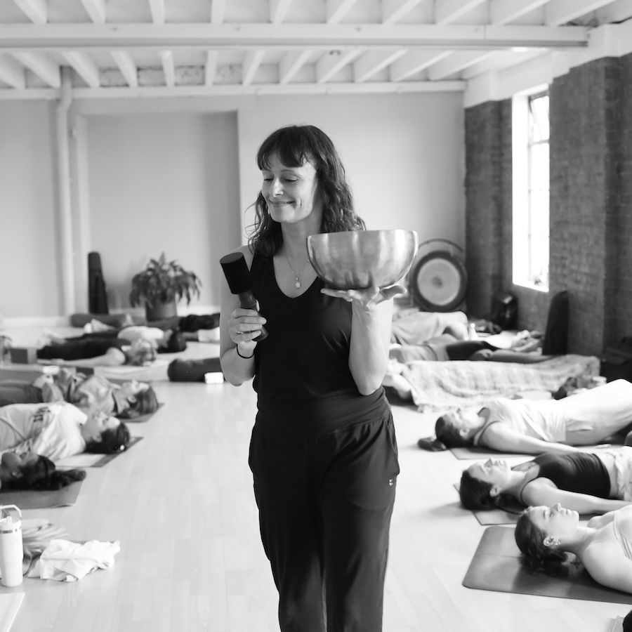 Charli Van Ness with sound bowl yoga course